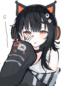 1girl animal_ear_headphones animal_ears asymmetrical_sleeves bare_shoulders black_choker black_hair black_nails black_sweater cat_ear_headphones cat_ears choker commentary_request eyeball_hair_ornament fake_animal_ears hand_over_eye headphones highres long_sleeves looking_at_viewer mahou_shoujo_no_majo_saiban multicolored_hair mumesan2 nail_polish off-shoulder_sweater off_shoulder orange_eyes orange_nails sawatari_coco sharp_teeth shirt short_hair simple_background single_bare_shoulder solo streaked_hair sweater teeth white_background white_shirt wide_sleeves