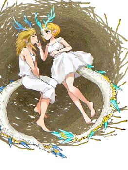 1boy 1girl artist_name bare_arms bare_shoulders barefoot between_legs blonde_hair braid breasts closed_eyes commentary crown_braid dragon_boy dragon_girl dragon_horns dragon_tail dress earrings full_body green_eyes hand_between_legs hand_on_another's_chin highres horns in_nest jewelry light_dragon_(zelda) link medium_breasts medium_hair nest nintendo pants parted_bangs pointy_ears princess_zelda shirt short_hair sidelocks sleeveless sleeveless_dress spoilers strap_slip symbol-only_commentary tail teraichigo the_legend_of_zelda the_legend_of_zelda:_tears_of_the_kingdom transformation v_arms white_background white_dress white_pants white_shirt