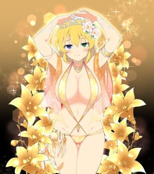 1girl :3 ahoge armband armlet arms_up bare_shoulders bikini black_background blonde_hair blue_eyes blush breasts choker cleavage flower gem gluteal_fold gold gold_armlet gold_background gold_choker gold_flower gold_necklace gold_slingshot_swimsuit gradient_background green_eyes hair_between_eyes hair_flower hair_ornament half-closed_eyes heavy_lens_flare heterochromia jewelry large_breasts leaf lens_flare light_particles linea_alba looking_at_viewer lowleg lowleg_bikini navel necklace non-circular_lens_flare non-web_source official_art pink_flower red_gemstone ryouna_(senran_kagura) senran_kagura senran_kagura_new_wave senran_kagura_shinovi_versus short_hair slingshot_swimsuit smile solo sparkle swimsuit tiara