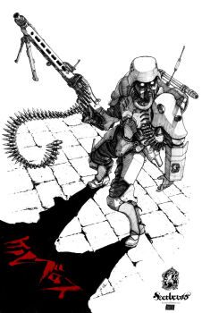 1boy ammunition_belt armor backpack bag body_armor boots breathing_tube buchi_holes combat_helmet commentary dated dieselpunk english_commentary from_above gas_mask gun hatching_(texture) helmet henskelion high_contrast highres holding holding_gun holding_weapon kerberos_saga linear_hatching lineart looking_to_the_side machine_gun mask mg42 monochrome pavement power_armor protect_gear radio_antenna shadow soldier solo spot_color stahlhelm traditional_media translation_request turning_head twitter_username weapon white_background