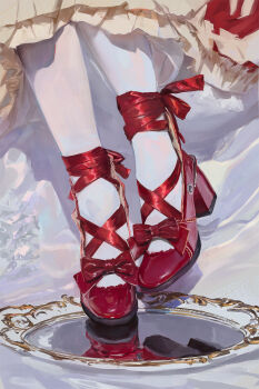 1girl ankle_lace-up art_study block_heels bow commentary dress feet feet_only foot_focus footwear_bow footwear_focus frilled_dress frills high_heels highres leg_ribbon original pantyhose plate pluvium_grandis red_bow red_ribbon red_shoes reflection reflective_surface ribbon shoes solo standing standing_on_one_leg white_pantyhose