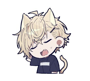 18trip 1boy animal_ears arm_behind_head arm_up black_shirt blonde_hair cat_boy cat_ears cat_tail closed_eyes commentary_request crew_neck cropped_torso earrings fang hair_between_eyes hair_ornament hairclip jewelry kemonomimi_mode knk_n kurama_ushio male_focus open_mouth piercing print_shirt shirt short_hair simple_background solo stud_earrings t-shirt tail tongue white_background
