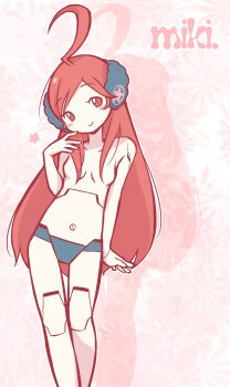 1girl ahoge android behind-the-head_headphones blush_stickers breasts character_name completely_nude drop_shadow feet_out_of_frame hand_up headphones highres huge_ahoge joints long_hair negiwave2000 no_nipples no_pussy nude outline pink_background pink_eyes pink_hair robot_joints sf-a2_miki small_breasts smile solo very_long_hair vocaloid white_outline