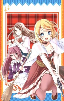 3girls apron ascot blonde_hair blue_eyes blush braid breasts broom brown_eyes brown_hair capelet choker dress earrings elbow_gloves elio_evelyn garter_straps glasses gloves gun highres holding holding_broom holding_glasses holding_gun holding_weapon jewelry juliet_sleeves kneeling large_breasts light_blush long_skirt long_sleeves lulu_chatnoir maid maid_apron maid_headdress medium_breasts multiple_girls off-shoulder_dress off_shoulder open_mouth puffy_sleeves purple_eyes purple_hair red_dress shoes short_hair side_braid skirt smile souffle_flamberry syd_craft_no_saishuu_suiri thighhighs tsutsui_taishi weapon