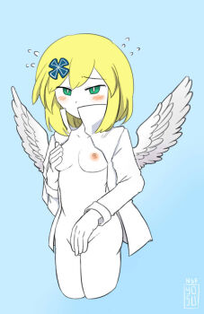 1girl angel_girl angel_wings blonde_hair blue_background blush breasts breasts_out bright_pupils carniccity chelan_(funamusea) coat colored_skin covering_privates cropped_legs dot_nose flying_sweatdrops funamusea green_eyes haiiro_teien hair_ornament looking_at_viewer medium_breasts nipples open_clothes open_coat short_hair sidelocks simple_background solo source_request sweatdrop watermark white_coat white_pupils white_skin wings