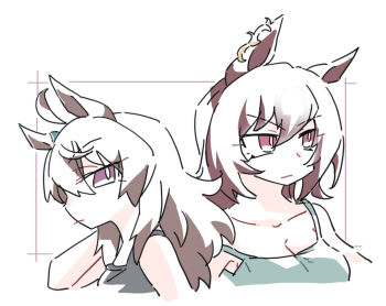 2girls ahoge animal_ears arm_behind_head bare_shoulders beer_hsk black_camisole breasts brown_hair camisole cleavage closed_mouth cropped_torso grey_camisole hair_between_eyes hand_up horse_ears long_hair medium_breasts multiple_girls nakayama_festa_(umamusume) purple_eyes red_eyes sirius_symboli_(umamusume) strap_slip umamusume upper_body v-shaped_eyebrows white_background