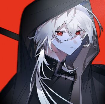 1boy a_date_with_death bishounen black_shirt casper_(a_date_with_death) closed_mouth highres holding holding_scythe hood long_hair looking_at_viewer male_focus moonplls red_background red_eyes scythe shirt simple_background solo upper_body white_hair