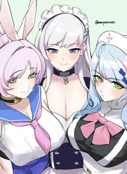 absurdres animal_ear_hairband animal_ears artist_name azur_lane belfast_(azur_lane) blue_archive blue_hair blue_one-piece_swimsuit blue_sailor_collar bow bowtie braid breasts broken broken_chain chain cleavage collar fake_animal_ears hairband half_up_braid hat highres horie_yui large_breasts looking_at_viewer maid maid_headdress mine_(blue_archive) neckerchief nocturnal_melonpan nurse_cap one-piece_swimsuit pink_bow pink_bowtie pink_neckerchief playboy_bunny_swimsuit rabbit_ear_hairband rabbit_ears sailor_collar sailor_one-piece_swimsuit shia_(stella_sora) smile stella_sora swimsuit upper_body voice_actor_connection white_hair