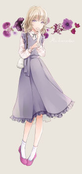 1girl alternate_costume black_ribbon blonde_hair dress flower frills hand_on_own_chin highres long_dress long_sleeves maribel_hearn multicolored_eyes pink_shoes poteimo_(poteimo622) purple_dress purple_eyes ribbon sash shirt shirt_ribbon shoes short_hair socks solo standing touhou two-tone_eyes white_shirt white_socks yellow_eyes