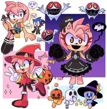 1boy 1girl amy_rose amy_rose_(gothic) black_dress black_headwear black_lips black_teeth boots candy chao_(sonic) colored_teeth dress fangs food frankenstein's_monster furry furry_female furry_male ghost gloves halloween halloween_bucket halloween_costume hat heartludwig highres lantern lipstick makeup neutral_chao patchwork_clothes pumpkin red_dress smile socks sonic_(series) sonic_runners sonic_the_hedgehog speech_bubble stitches striped_clothes striped_socks undead v watermark white_gloves witch witch_hat wizard wizard_hat