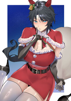 1girl absurdres ahoge animal_ears aqua_eyes bell_ear_ornament black_gloves black_hair border breasts cleavage commentary_request dress ear_ornament ears_down elbow_gloves fuji_kiseki_(umamusume) fur-trimmed_dress fur-trimmed_gloves fur_trim gloves hat highres horse_ears horse_girl horse_tail jitome_no_tsugumi looking_at_viewer multicolored_hair santa_costume santa_dress short_hair simple_background solo tail thighhighs umamusume white_border white_thighhighs