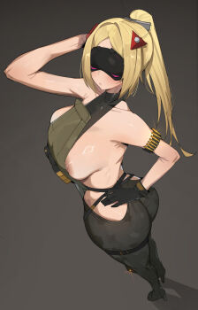 Rule 34 | 1girl, arm up, ass, black gloves, blonde hair, bodysuit, breasts, bullet, closed mouth, collarbone, commentary, dr octojuice, eye mask, from above, from behind, gloves, grey background, hair ornament, high ponytail, highres, large breasts, mask, nipple slip, nipples, open bodysuit, open clothes, ponytail, revealing clothes, sideboob, simple background, solo, thigh strap, trigger (zenless zone zero), untranslatable commentary, zenless zone zero