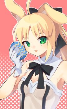 1girl ahoge animal_ears artoria_pendragon_(fate) bare_shoulders black_bow blonde_hair bow breasts dun_dudu easter easter_egg egg fate/unlimited_codes fate_(series) gloves green_eyes hair_bow highres holding rabbit_ears saber_lily sidelocks smile solo white_gloves