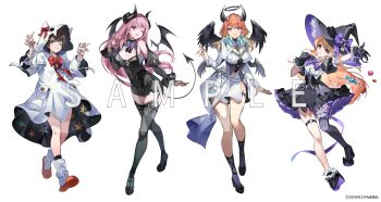 4girls absurdres asymmetrical_legwear black_dress black_hair black_hat black_shoes black_socks black_thighhighs black_wings blonde_hair breasts cleavage closed_mouth demon_horns demon_tail demon_wings dress feathered_wings full_body halo hat high_heels highres hololive hololive_dev_is hololive_english horns kneehighs large_breasts long_hair long_sleeves looking_at_viewer mori_calliope multiple_girls multiple_wings o-ring o-ring_thigh_strap oozora_subaru open_mouth orange_hair otonose_kanade pink_hair purple_eyes purple_socks qure_(qxfixh) sample_watermark shoes short_hair simple_background smile socks standing striped_clothes striped_thighhighs tail takanashi_kiara thigh_strap thighhighs uneven_legwear virtual_youtuber watermark white_background white_dress white_socks wings witch_hat