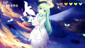 1girl 39 bad_id bad_pixiv_id bird feathers female_focus green_eyes green_hair halo hatsune_miku hatsune_miku_(hello_world.) health_bar hello_planet_(vocaloid) long_hair matatabi_dango matching_hair/eyes open_mouth project_diva_(series) project_diva_extend solo very_long_hair vocaloid wings