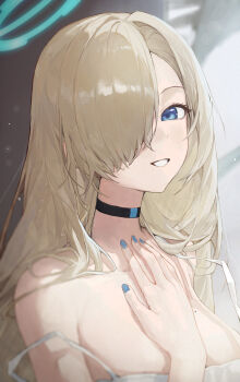 1girl absurdres asuna_(blue_archive) bare_shoulders black_choker blonde_hair blue_archive blue_eyes blue_halo blue_nails breasts choker cleavage commentary fingernails hair_over_one_eye halo highres jianjia large_breasts long_hair looking_at_viewer mole mole_on_breast nail_polish solo upper_body