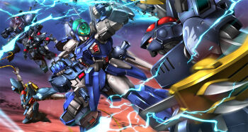 antennae aoki_ryuusei_spt_layzner arm_up army battle beam_rifle blue_sky cable cannon claw_(weapon) clenched_hand daljan dankova debris drill el-darr electricity emblem energy energy_gun flying gashlan glowing glowing_eyes gun holding holding_gun holding_weapon insignia layzner mecha mecha_focus motion_blur no_humans orange_sky outstretched_arms robot science_fiction sky surrounded weapon whip zb_(dawn-blue)