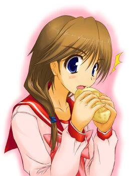 1girl ^^^ blue_eyes bow bowtie bread brown_hair commentary_request eating food holding holding_food komaki_ikuno long_sleeves looking_at_viewer low_ponytail melon_bread natuki_touji open_mouth ponytail school_uniform serafuku solo to_heart_(series) to_heart_2 upper_body