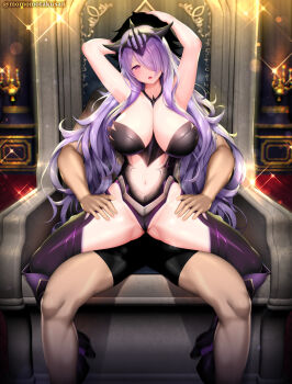 1boy 1girl adapted_costume arms_up black_shorts blush boots breasts camilla_(fire_emblem) camilla_(light_of_nohr)_(fire_emblem) camilla_(light_of_nohr)_(resplendent)_(fire_emblem) candle cleavage fire_emblem fire_emblem_fates fire_emblem_heroes hair_over_one_eye highres kashiwamochi_yomogi large_breasts leotard long_hair looking_at_viewer navel nintendo open_mouth pink_eyes purple_eyes purple_hair purple_leotard shorts sitting sitting_on_throne stomach thigh_boots thighs throne tiara very_long_hair wavy_hair