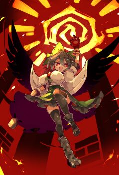 Rule 34 | 1girl, absurdres, arm cannon, arm up, asymmetrical footwear, bird wings, black thighhighs, black wings, bow, breasts, cape, frilled skirt, frills, full body, gloves, green bow, green skirt, hair bow, highres, large breasts, looking at viewer, massakasama, mismatched footwear, open mouth, red background, red eyes, red gloves, reiuji utsuho, skirt, solo, sun, thighhighs, third eye, touhou, weapon, white cape, wings