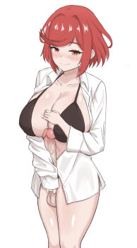 1girl absurdres black_bra bra breasts closed_mouth erection futanari highres kurofuro large_breasts large_penis long_sleeves penis pyra_(xenoblade) red_eyes red_hair shirt short_hair simple_background smile solo testicles uncensored underwear white_background white_shirt xenoblade_chronicles_(series) xenoblade_chronicles_2