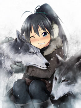 Rule 34 | 1girl, animal, animal hug, antenna hair, black hair, black pantyhose, blue eyes, blush, boots, coat, earmuffs, female focus, fur trim, ganaha hibiki, gloves, grin, hug, idolmaster, idolmaster (classic), kaiga, knee boots, long hair, looking at viewer, one eye closed, pantyhose, ponytail, skirt, smile, snowing, solo, wink, wolf