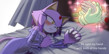 1girl bed blaze_the_cat blush burning_blaze forehead_jewel furry furry_female furry_male gloves highres holding_hands lying nightgown on_bed on_side sonic_(series) sonic_rush sonic_the_hedgehog speech_bubble super_sonic thought_bubble white_gloves yellow_eyes yeonwu08