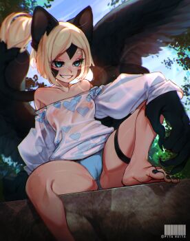 1girl absurdres animal_ears bare_shoulders blonde_hair blue_panties breasts cameltoe commentary covered_erect_nipples day grin highres nail_polish original outdoors panties pita-potato short_hair small_breasts smile solo sweater teeth toenail_polish toenails tree underwear white_sweater wings