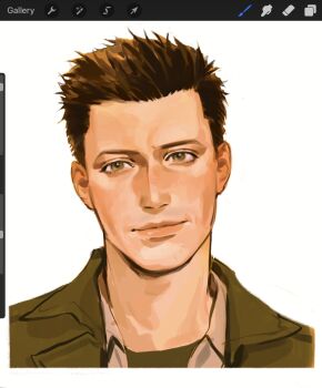 1boy art_program_in_frame brown_hair closed_mouth collared_shirt crew_cut cropped_shoulders dean_winchester green_eyes green_jacket green_shirt highres jacket kunnuscumnus light_smile looking_to_the_side open_clothes open_jacket open_shirt portrait procreate_(medium) procreate_(software) shirt shirt_under_shirt short_hair supernatural_(tv_series) white_background white_shirt