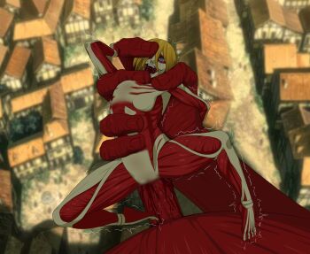 1girl annie_leonhart blonde_hair blue_eyes blur_censor censored colossal_titan crying crying_with_eyes_open exposed_muscle female_focus female_titan giant large_insertion motion_lines no_nipples open_mouth rape shaking shingeki_no_kyojin size_difference tears titan_(shingeki_no_kyojin) yure