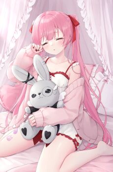 1girl amatsuka_eru barefoot bed breasts camisole canopy_bed cardigan closed_eyes closed_mouth expressionless hair_ribbon highres holding holding_stuffed_toy indie_virtual_youtuber long_hair looking_at_viewer mole mole_under_eye nail_polish pajamas pillow pink_cardigan pink_hair red_eyes ribbon second-party_source shano_hiyori sitting small_breasts solo stuffed_animal stuffed_rabbit stuffed_toy twintails virtual_youtuber wariza white_camisole