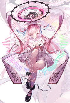 1girl absurdres ahoge bandages blue_ribbon blush bow breasts chain cleavage closed_mouth clothing_cutout cuffs dress floating_hair fof_(fof_0016) frilled_dress frills hair_ornament hair_ribbon halo highres jewelry large_breasts long_hair looking_at_viewer necklace original pink_bow pink_hair pink_halo ribbon shackles shoulder_cutout smile swept_bangs thighs twintails wing_hair_ornament x_hair_ornament