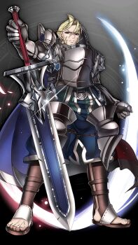 1boy armor armored_boots blonde_hair blue_pants boots cape full_body gauntlets gradient_background grey_background holding holding_sword holding_weapon male_focus pants red_eyes serious solo standing sword weapon
