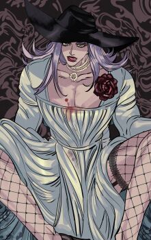 1boy absurdres alcina_dimitrescu alcina_dimitrescu_(cosplay) black_hat cosplay crossdressing crossdressing_(mtf) danggo99 dress fishnet_thighhighs fishnets garter_straps hat highres jojo_no_kimyou_na_bouken leone_abbacchio licking_lips lipstick long_hair makeup male_focus pectoral_cleavage pectorals purple_hair red_lips resident_evil resident_evil_village sitting solo thighhighs tongue tongue_out vento_aureo white_dress yellow_eyes