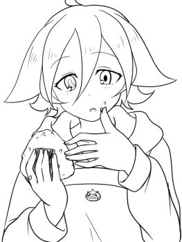 Rule 34 | 1girl, 9rimson, ahoge, blush, commentary request, double-parted bangs, food, food on face, greyscale, hair between eyes, hands up, highres, holding, holding food, hood, hood down, hoodie, lineart, long sleeves, looking at viewer, mismatched pupils, monochrome, onigiri, original, parted lips, rice, rice on face, short hair, simple background, solo, unfinished, upper body, white background