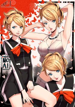 arms_up blonde_hair blue_eyes bow eightyfourart highres lisa_silverman orange_bow persona persona_2 persona_2_tsumi school_uniform seven_sisters_high_school_uniform short_hair thighs tongue tongue_out