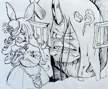 1girl 1other animal_ears confused cyclops dagger dress fangs hat highres holding holding_dagger holding_knife holding_weapon horns horse_ears interrogation knife long_hair monochrome one-eyed one_eye_covered rice_shower_(umamusume) shawarmaslayer sheath spoil_(undead_unluck) teardrop traditional_media umamusume undead_unluck weapon