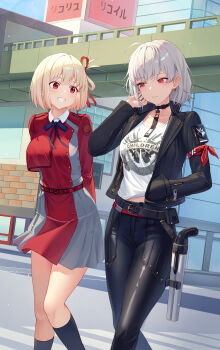 Rule 34 | 2girls, absurdres, black jacket, blonde hair, blush, breasts, commentary request, goddess of victory: nikke, gun, hair ribbon, highres, jacket, korean commentary, long hair, lycoris recoil, multiple girls, nishikigi chisato, outdoors, pants, red eyes, red ribbon, ribbon, shirt, short hair, shotgun, smile, sugar (nikke), thighs, weapon, white hair, xia 0328