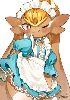 1boy :d alternate_color animal_nose apron artist_name blue_choker blue_dress blush body_fur bright_pupils brown_fur choker cinderace closed_mouth clothed_pokemon clothes_lift cowboy_shot crossdressing crossdressing_(mtf) dress dress_lift dynamax frilled_apron frilled_choker frills furry furry_male gen_8_pokemon gigantamax gigantamax_cinderace hand_up happy lifting_own_clothes long_animal_ears looking_to_the_side maid maid_apron maid_headdress male_focus minamo_(minamoto_minamo) nintendo one_eye_closed open_mouth orange_hair petticoat pokemon pokemon_(creature) puffy_short_sleeves puffy_sleeves rabbit_ears rabbit_girl red_eyes shiny_pokemon short_dress short_hair short_sleeves sideways_glance signature simple_background smile solo split_mouth standing thighhighs tongue trap white_apron white_background white_pupils white_thighhighs