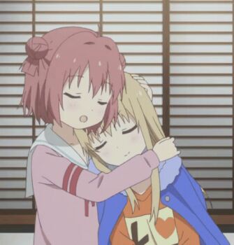 2girls akaza_akari animated animated_gif blonde_hair child closed_eyes coat comforting double_bun fur_coat hair_bun hand_on_another's_head headpat hug long_hair long_sleeves lowres multiple_girls non-web_source open_mouth orange_sweater pink_serafuku pink_sweater red_hair sailor_collar school_uniform serafuku short_hair sweater tagme toshinou_kyouko white_sailor_collar yuruyuri