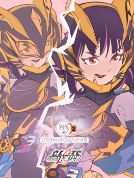 Rule 34 | 1girl, armor, black armor, black bodysuit, black hair, black helmet, bodysuit, helmet, highres, juno (overwatch), kamen rider, kamen rider geats (series), kamen rider na-go, monallenster, multicolored hair, multiple views, overwatch, purple hair, solo, streaked hair, tokusatsu, two-tone hair