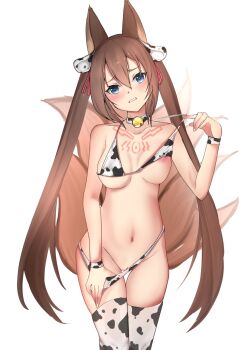 1girl animal_ear_fluff animal_ears animal_print areola_slip bare_shoulders bell bikini bikini_pull blue_eyes blush breasts brown_hair caleen_keemosn chinese_new_year chinese_zodiac choker cleavage cleft_of_venus clothes_lift clothes_pull collar commission cow_ears cow_print embarrassed female_focus fox_ears fox_girl fox_tail hair_between_eyes hair_ornament hair_ribbon head_tilt highres large_breasts long_hair looking_at_viewer meemz_a multiple_tails navel neck_bell nipple_slip nipples original panties panty_pull pulling_own_clothes pussy pussy_peek ribbon runes simple_background solo standing star_ocean star_ocean:_anamnesis swimsuit tail teeth thighhighs thighs twintails underwear very_long_hair white_background year_of_the_ox