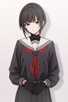black_gloves black_hair black_serafuku blunt_bangs bob_cut gloves highres idolmaster idolmaster_cinderella_girls idolmaster_cinderella_girls_starlight_stage looking_at_viewer neckerchief purple_eyes qaqyes_re red_neckerchief sailor_collar school_uniform serafuku shirayuki_chiyo short_hair white_sailor_collar