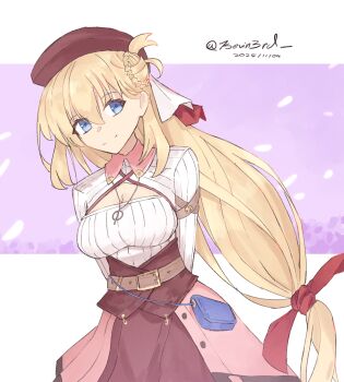 1girl bag beret blonde_hair blue_eyes braid breasts brown_hat bun_with_braided_base cleavage_cutout clothing_cutout commentary dated double-parted_bangs eiyuu_densetsu floating_hair hair_between_eyes hair_bun handbag hashtag-only_commentary hat highres jewelry kai_no_kiseki kevin3rd kuro_no_kiseki_(series) large_breasts long_hair low-tied_long_hair pendant signature simple_background single_hair_bun solo twitter_username two-tone_background two_side_up upper_body