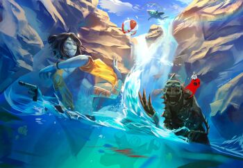 1boy 3others :d :o ;d anglerfish_boy anthias_(fish) ball beachball black_hair blue_skin catnip_cataria caustics cloud cloudy_sky colored_skin day empty_eyes extra_arms eyefestation flower from_below good_people_(pressure) gun hair_bun hair_flower hair_ornament handgun highres holding holding_gun holding_weapon imaginary_friend_(pressure) looking_at_viewer male_focus mini_person_on_shoulder motion_blur multiple_others on_shoulder one_eye_closed open_mouth outdoors partially_submerged player_character_(roblox) pressure_(roblox) rainbow sebastian_solace shark sidelocks simple_bird simple_fish sky smile snorkel_mask splashing too_many_eyes water waterfall weapon