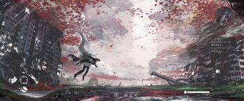 1girl absurdres asteroid_ill black_pants black_poncho commentary_request falling_leaves fish grass grey_hair health_bar highres iz_(asteroid_ill) leaf long_hair maple_leaf minimap nature original pants ruins scenery solo submerged translation_request underwater user_interface water wide_shot