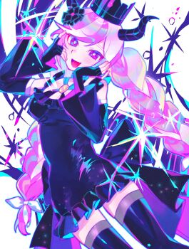 1girl :d black_crown black_dress black_flower black_horns black_thighhighs braid breasts cleavage cowboy_shot criss-cross_halter crown dress fingerless_gloves flower frilled_dress frills gloves halterneck hands_up highres horns iro_(mywife_sunny) long_hair long_sleeves looking_at_viewer master_detective_archives:_rain_code medium_breasts open_mouth pink_hair purple_eyes shinigami_(rain_code) smile solo sparkle thighhighs twin_braids very_long_hair