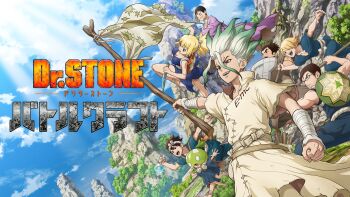2girls 6+boys armor asagiri_gen axe bandages black_hair blonde_hair blue_pants blue_sky blue_tunic brown_hair chrome_(dr._stone) clenched_hand cliff cloud day dr._stone dress fantasy flag ginro_(dr._stone) glasses green_hair headband highres holding holding_axe holding_flag holding_knife holding_polearm holding_shield holding_staff holding_sword holding_weapon ishigami_senkuu jumping kinro_(dr._stone) knife kohaku_(dr._stone) logo mountain multicolored_hair multiple_boys multiple_girls muscular official_art ooki_taiju open_mouth outdoors pants polearm ponytail promotional_art running shield shield_on_back short_hair sky smile spiked_hair staff suika_(dr.stone) sword teeth tunic two-tone_hair weapon weapon_on_back white_headband wrist_wrap