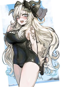 1girl arm_tattoo black_bow black_one-piece_swimsuit blue_eyes blush border bow breasts commentary discat ear_piercing fate/grand_order fate_(series) hair_bow highres jewelry kriemhild_(fate) long_hair looking_at_viewer medium_breasts mole mole_under_eye old_school_swimsuit one-piece_swimsuit open_mouth piercing playing_with_hair ring school_swimsuit single_bare_shoulder solo swimsuit tattoo tongue_piercing wedding_ring white_border white_hair