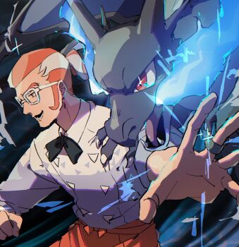 1boy apron black_bow black_bowtie blue_fire bow bowtie charizard e169 fire furrowed_brow gen_1_pokemon glasses grisham_(pokemon) hair_pulled_back highres jewelry looking_ahead male_focus mega_charizard_x mega_pokemon multicolored_hair nintendo orange_apron orange_eyes orange_hair outstretched_hand pokemon pokemon_(creature) pokemon_legends:_z-a ponytail ring shirt short_ponytail sideburns smile two-tone_hair upper_body waist_apron white-framed_eyewear white_hair white_shirt